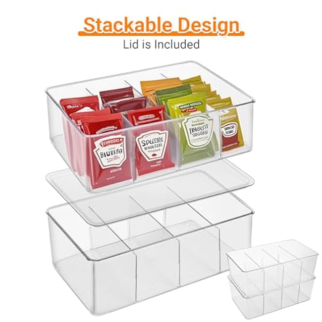 2 Pack Sauce Packet Organizer, Storage Box for Ketchup Packets, Hot Sauce Packets, and Condiment Packets, Made of Clear Plastic, Suitable for Kitchen Storage, Refrigerator Storage, One Lid Included