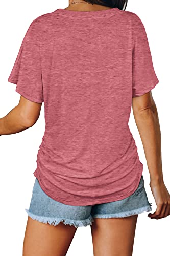 Image of WIHOLL Womens Summer T-Shirts Short Sleeve V Neck Dolman Tops with Side Shirring Loose Fit Shirts Spring Fashion