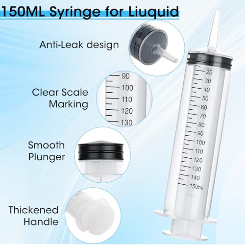 Image of 3 Pack 150mL Syringes for Liquid - Large Syringe with Tip Adapter for Liquids, Oil, Watering Plants, Refilling, Measuring