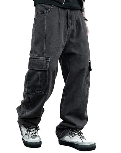 Mens Baggy Jeans for Men Women Y2k Skater Vintage Plain Pants Multiple Pockets Casual Wide Leg Loose Fit Cargo Denim Jeans (US, Alpha, X-Large, Regular, Regular, Dark Grey)