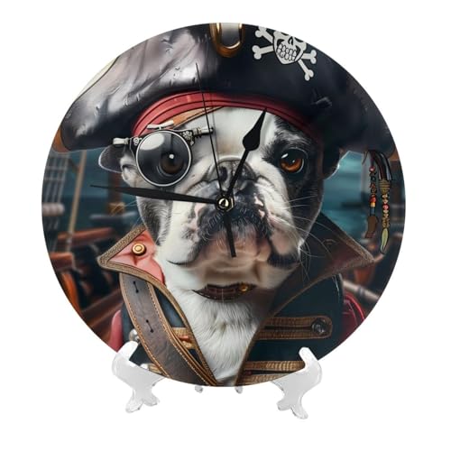 Relojes de pared que funcionan con pilas, 10 pulgadas, bulldog pirata en cubierta, modernos, silenciosos, pequeños, relojes de pared para sala de estar, baño, cocina, oficina, decoración decorativa