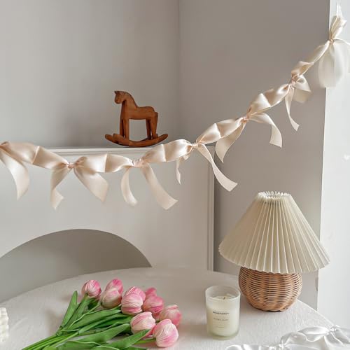 Image of Pre-Assembled Champagne Gold Bow Garland - 6ft Luxury Wedding Decor, Anniversary & Bridal Shower Banner, Thick Silk Satin No DIY Needed! (Champagne, 6ft)