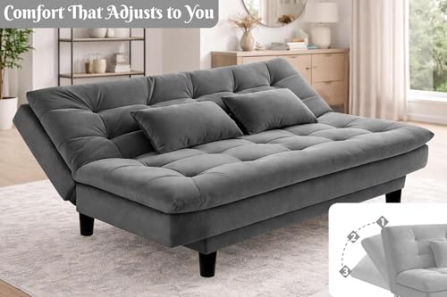 Image of Modern Convertible Three-Seater Futon Sofa Bed with Tufted Sleeper Couch Sofa with Adjustable Backrest, Living Room Furniture - Grey Color