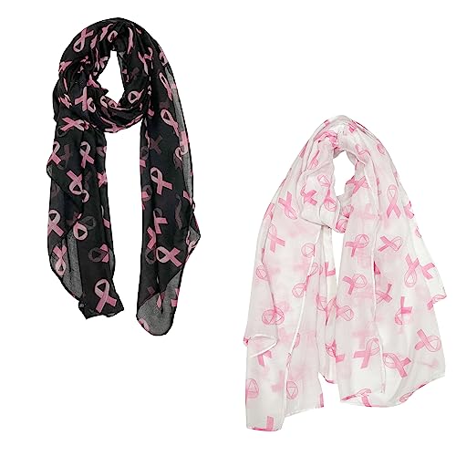 2 Pcs Women's Lightweight Soft Sheer Ribbon Silk Feeling Scarf,Women's Pink Ribbon Breast Cancer Symbol Scarf,Breast Cancer Awareness Scarves,Long Head Wrap Beach Towel Pink Black All Season