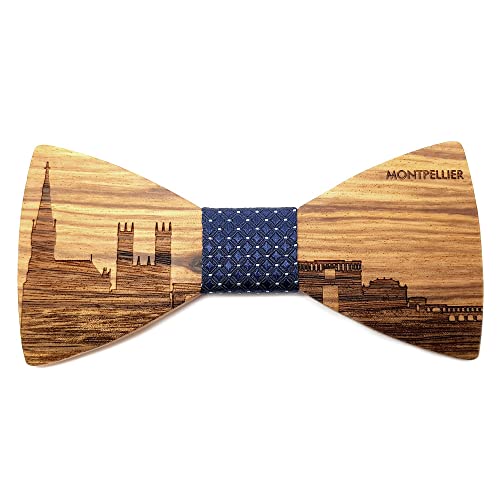 GASTON ET FERDINAND - Noeud Papillon Bois Foncé Tissu Bleu Ville Française Cocorico France Au Choix Fait Main Artisanal - Taille unique, MONTPELLIER Cover