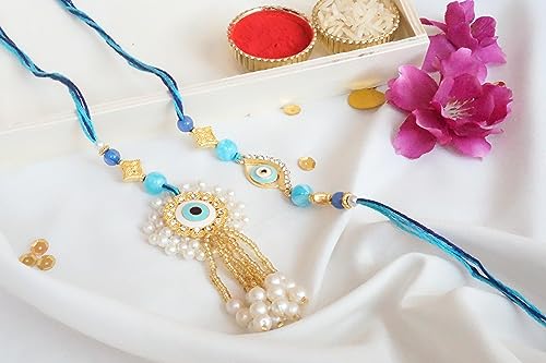 Elegant Bhaiya Bhabhi Rakhi Set with Blue Beads and Evil Eye Motif - Includes Roli and Chawal for Raksha Bandhan2