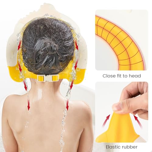 Image of FUNUPUP Baby Shower Cap for Kids, Baby Bath Shampoo Visor Cap Hair Washing Shield Adjustable, Yellow Dinosaur