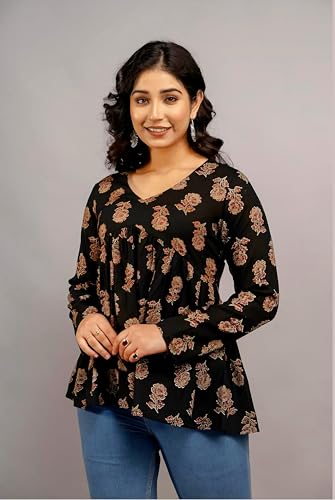 Image of Women's Floral Print Reyon Peplum Top - Casual Loose Fit 3 /4 Sleeve Tunic top, Stylish V-Neck Flared Kurti, Comfortable Everyday Wear