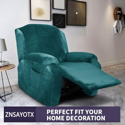 Image of ZNSAYOTX Stretch Velvet Recliner Cover 4-Pieces, Thick Soft Recliner Chair Slipcover with Pocket, Non-Slip Elastic Bottom for Kids Pet, Luxury Plush Reclining Protector Comfy Washable (Blackish Green)