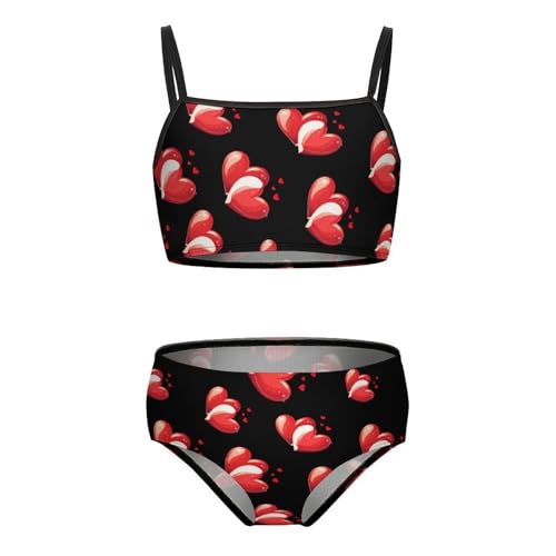 Red Heart Print Girls Swimsuits Two Piece Bikini Sets Beach Sport Swimwear Bathing Suit