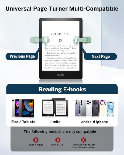 Image of Case-Friendly Page Turner Ring for Kindle Paperwhite Oasis Kobo eReaders | Camera Camcorder Remote Controls, Page Turner Clicker for iPhone ipad Tablets with Storage Bag Green