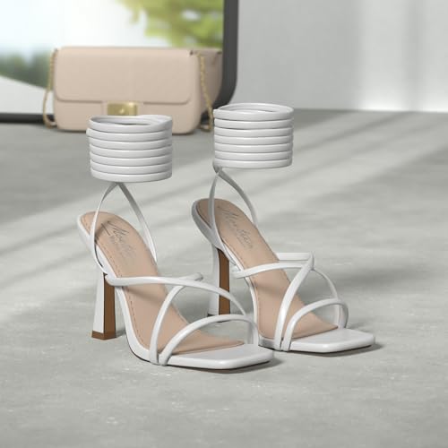 Image of Mostrin Womens Sandals Strappy Heels for Women Lace Up Square Open Toe Heels Tie Up High Heeled Sandals for Prom, Party, Daily Wear