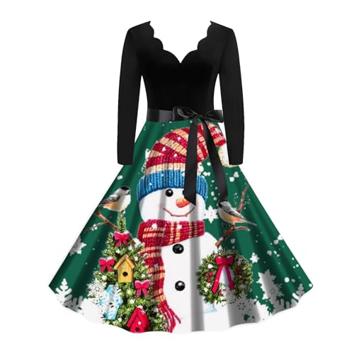 Damen Weihnachtskleid Kleid Weihnachten Festlich Elegant V Ausschnitt Petticoat Kleid Langarm a Linie Rockabilly Kleider mit Weihnachtsmotiv Christmas...