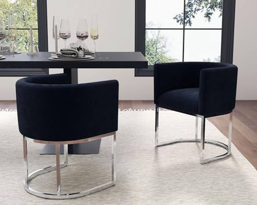 Image of HNY Mid Century Modern Upholstered Barrel Dining Chairs with Arms Set of 2, Velvet Kitchen & Dining Room Chairs, 18.5 inch Wide Accent Chairs for Dining Room Living Room with Chrome Metal Frame, Black