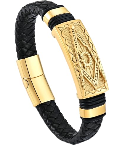 YL Gold Masonic Leather Mens Bracelet 316L Stainless Steel Freemason Masons Religious Cuff Handcrafted Jewelry Gifts 8.7