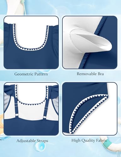 Image of Girls Swimsuit Ruffled Square Neck Color Contrast Trim One Piece Bathing Suit Geometric Girls' Swimwear 9-16Y