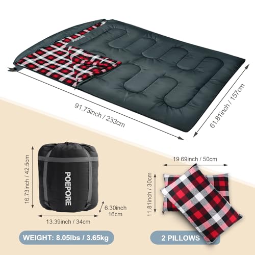 Image of Double Sleeping Bag Flannel for Adults with 2 Pillows 2 Person Sleeping Bags Camping XXL Queen Size Two Person Sleeping Bag for Cold Weather