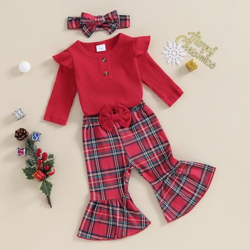 Baby Girl Christmas Ouftis Ribbed Long Sleeve Romper with Plaid Flare Pants and Headband Outfit3
