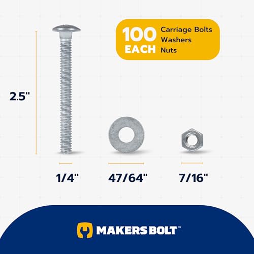 Image of 1 /4 inch x 2-1 /2 inch (100 Pack) Galvanized Carriage Bolt Kit Grade 307A Includes 1 /4 inch USS Flat Washers (100 pcs) and 1 /4 inch-20 Hex Nuts (100 pcs), Hot Dip Galvanized for Exterior Use by Makers Bolt