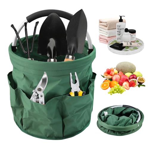Sporgo 17L Gartentasche für Gartenwerkzeug: Faltbar Gartengerätetasche 600D Oxford Stoff Garten Werkzeugtasche, Gartenkorb mit 1 Hauptfach und 6 Außentaschen, Aufbewahrungskorb für Gartengeräte (Grün)