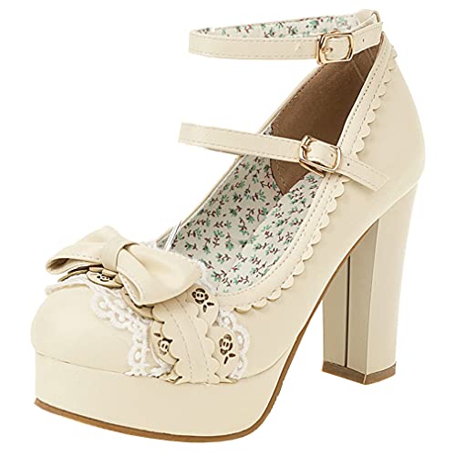 Parisuit Womens Chunky High Heels Ankle Strap Pumps Mary Jane Platform Dress Lace-up Sweet Shoes with Bow
