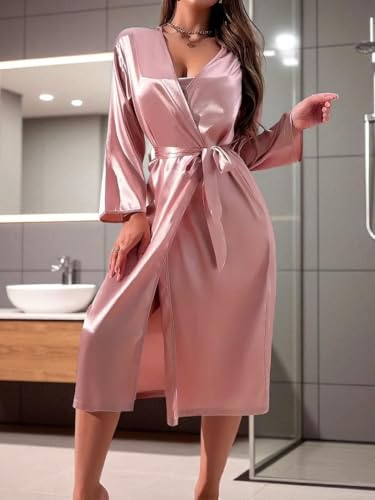 Image of Embrace Silky Robe Set Pink Bathrobe For Women's Ultra-Soft & Lightweight After Bath Spa Bathrobe | Highly Absorbent