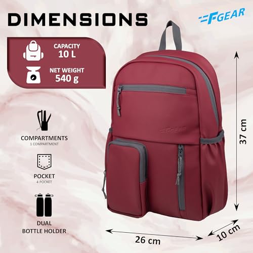 Image of F Gear Blaze Maroon 10L Daypack | Compact & Lightweight | 1 Compartment with 4 Pockets | Durable Art Leather, Stylish & Comfortable Backpack, Perfect for Travel, College & School for Men & Women