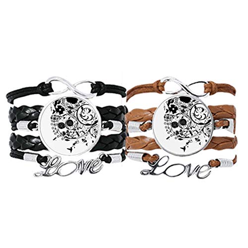 Bracelet Amour Couple Cuir Corde au Design Silhouette Fleurs en Noir et Blanc