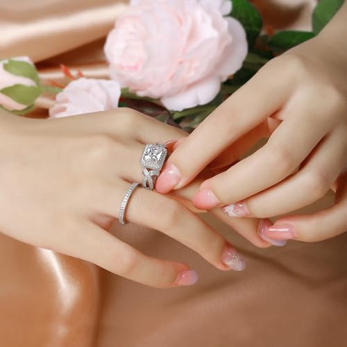 MDFUN Three-In-One Square Wedding Engagement Ring,18K Gold Plated Cubic Zirconia Promise Eternity Ring Set for Women3