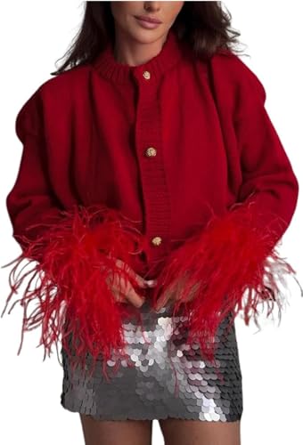 Image of Red Elegant Feather Cuff Cardigan for Women: Stylish Buttoned Sweater with Soft Feather, Stylish Lightweight Knitwear