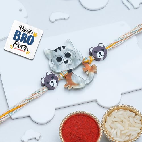 Image of eCraftIndia Unique Cat Design Rakhi for Kids Girls Boys with Best Bro Ever Fridge Magnet | Raksha Bandhan Kids Rakhi for Brother Bhaiya Bhai | Roli Chawal Pack