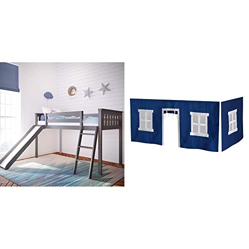 Max & Lily Low Loft Bed, Twin Bed Frame for Kids with Slide, Grey & Cotton Underbed Curtains, Blue & White