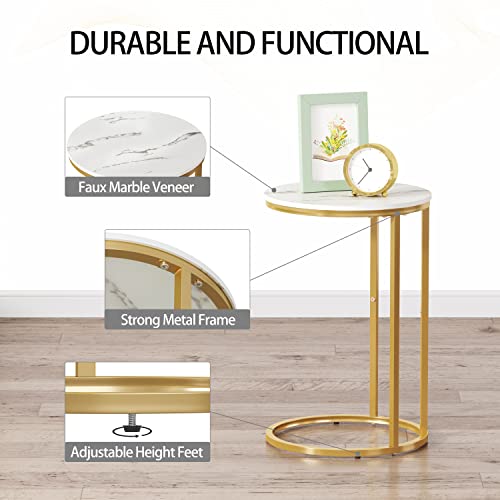 Function Home C Table End Table, C Shaped Sofa Side Table, Couch Tables That Slide Under, Snack Accent Table For Living Room Bedroom Small Space, White Faux Marble Top And Gold Metal Frame #TOP4