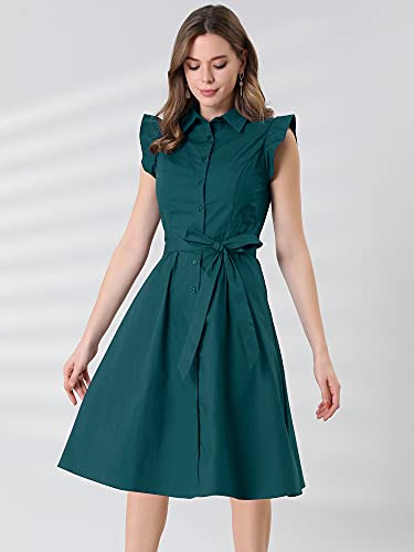 Image of Allegra K Women's Ruffled Sleeve Casual Office Dress Tie Waist Button Down Cotton Shirt Dresses