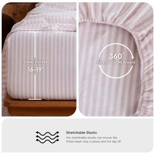 Image of MooMee Striped Sheet Set 100% Washed Cotton Linen Like Queen | Relaxed Linen-like Texture. Soft, Breathable & Lightweight Comfort. 15-19 inch Extra Deep Pocket with All-around Elastic