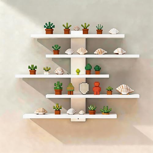 FRAWENLECO No Drill Floating Shelf for Wall 5-Tier Wall Mounted Organizer Damage-Free Display Shelf for Collectibles Figures Bathroom Kitchen Storage White