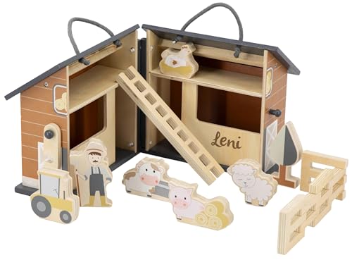 Fazenda de madeira dobrável personalizável – Inclui figuras e acessórios: promove o jogo imaginativo – para crianças a partir dos 3 anos – personalizado com nome e data de nascimento – Tryco