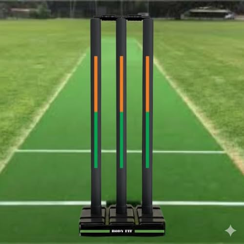 Image of Bodyfit Heavy Cricket Stumps | Plastic Wickets Set with 3 Stumps + 2 Bails + 1 Stand | Full Size Wickets for Cricket Ground, Tournament Wicket. (Black-OraGreen)