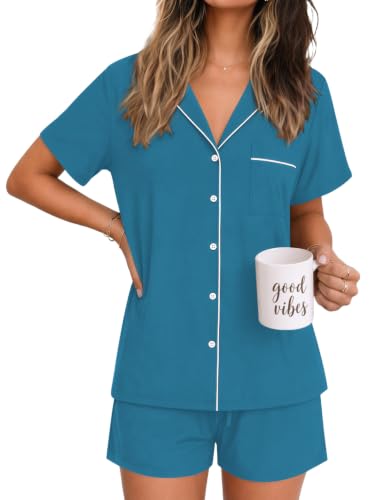 Image of Ekouaer Womens Pajamas Set Soft Classic Notch Collar Bride Pjs Comfy Short Sleeve Sleepwear Loungewear