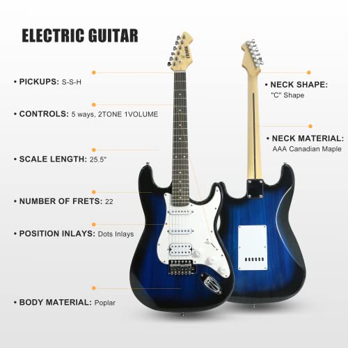 Ermik Beginner Electric Guitar Kit 39 Inch Soild Full Size Starter Guitar Hss Pickups Complete Electric Guitar With Amp 20W, Cable, Digital Tuner, Strings, Picks, Tremolo Bar, Bag, Strap - Blue #TOP3