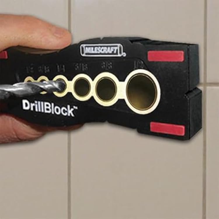 Milescraft 1312 Drill Block - Handheld Drilling Guide, Drilling Jig with Drill Guides for 6 of the Most Common Imperial Drill Bit Sizes, Precision Drilling Tool Accessory