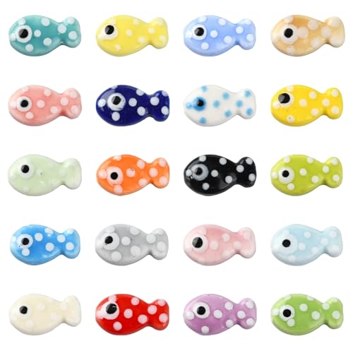 Airssory Lot de 40 perles en porcelaine en céramique en forme de poisson 20 couleurs lisses pour la fabrication de bijoux, bracelets, colliers, boucles...