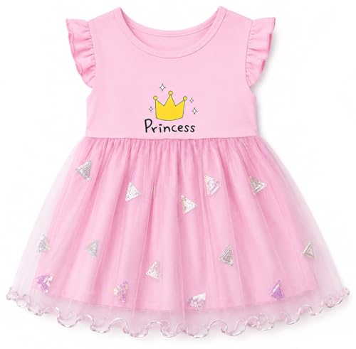 Image of Bold N Elegant Baby Girls Princess Dress with Soft Mesh Net Overlay | Short Sleeve Toddler Party Dress | Cute Crown Print Casual Frock for Infant & Kids | Summer Birthday Outfit for Girls
