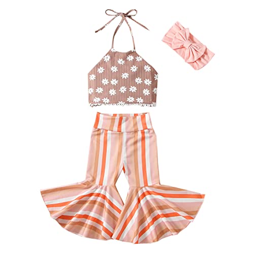 Baby Girl Summer Outfit Rainbow Print Halter Top Ribbed Bell Bottoms Pink Pant 2Pcs Clothes (Pink Daisy, 18-24 Months)