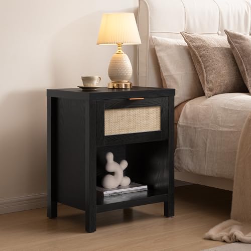 Image of SICOTAS Black Rattan Nightstands Set of 2 with Drawer 19.7 inch Wide