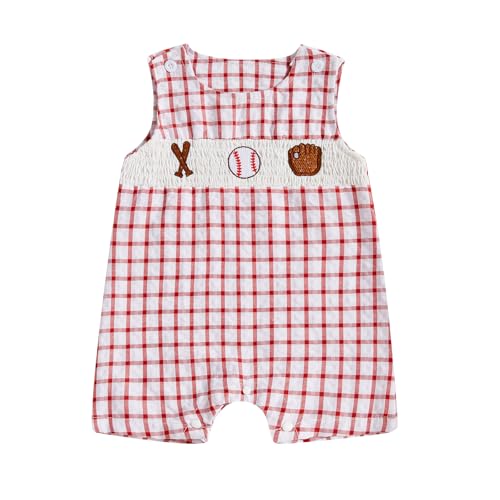 Image of Chloefairy Newborn Baby Boy Girl Baseball Outfit Sleeveless Overalls Romper Smocked Baseball Bubble Summer Plaid Bodysuit