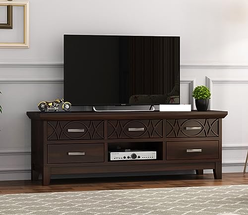 Image of Rustic Solid Sheesham Wood TV Unit Chest of Drawers for Living Room - 5 Drawers and 1 Shelf Storage - Accommodates up to 65-Inch TV (Jace, Walnut Finish)