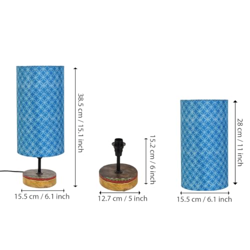 Image of Amazon Basics Bagru Indigo Table Lamp | Hand-Painted Mango Wood Base with Printed Polyester Shade | E14 Holder | Decorative Night Lamp for Bedroom, Living Room & Study Room | Home Decor Gift
