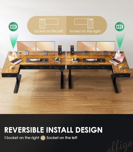 Image of OffiGo 55 Inch L Shaped Electric Standing Desk with 4 Drawers, Rustic Brown | Reversible Corner Table, Office Desk With 4 Drawers and Outlets For Home Office, Computer Workstation And Sit Stand Use