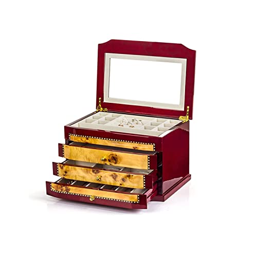 YIORYO Joyero de 4 capas, caja de joyería multifunción de alta calidad con pintura de piano, exquisito organizador de joyas de madera maciza, estuche de joyería para collares, anillos, pendientes